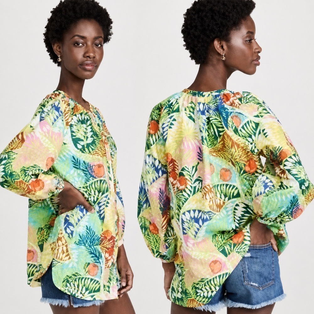 STAUD Vincent Blouse S Linen Tropical Palm Print Puff Sleeve Tunic Top Resort
